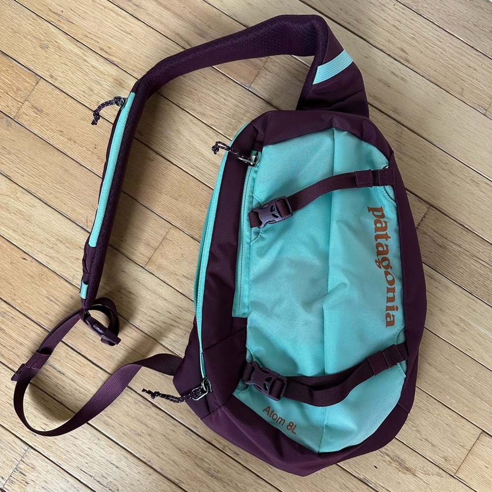 Excellent condition maroon and mint 8L Patagonia Atom Sling